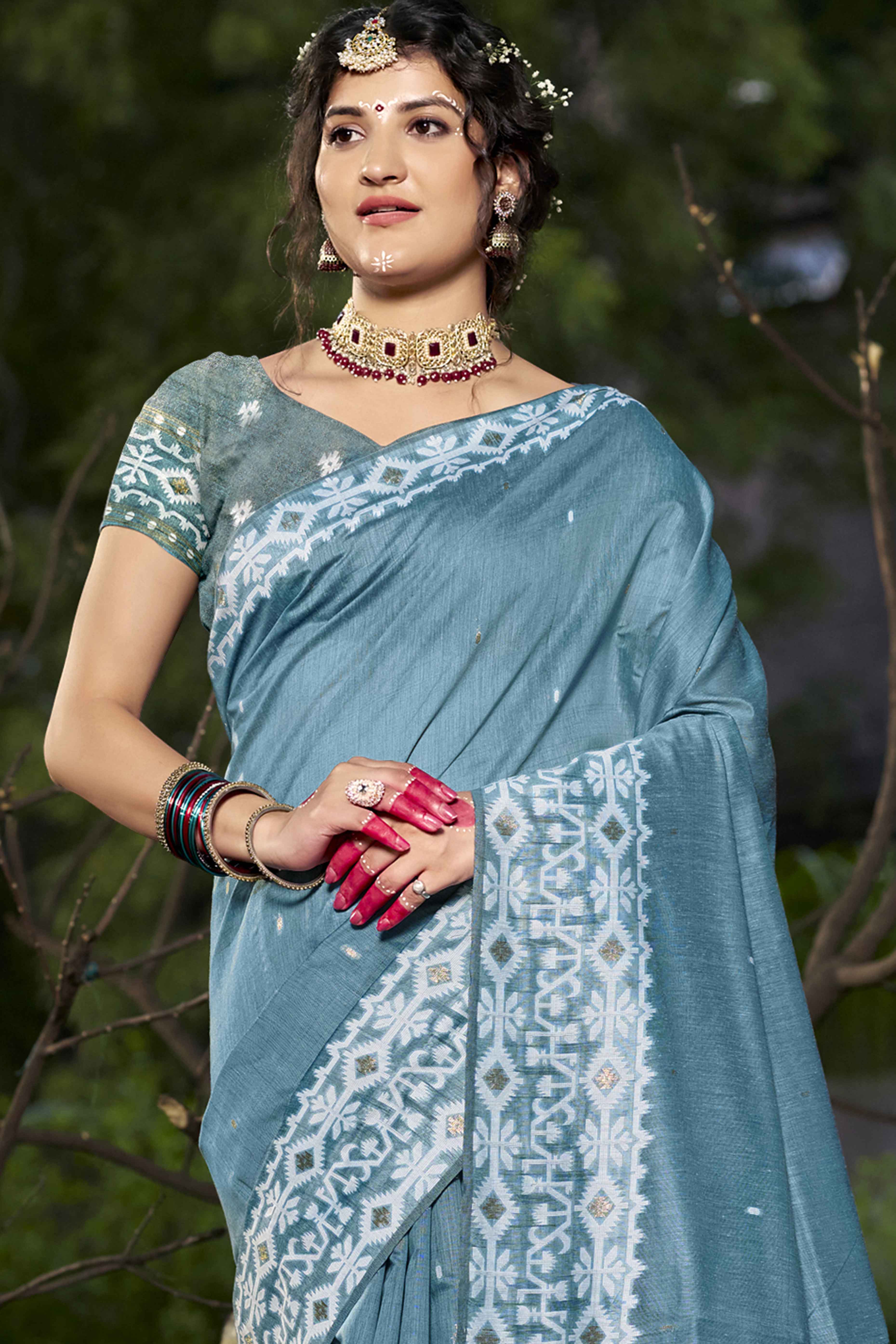 Light Blue Woven Linen Cotton Saree With Tassels