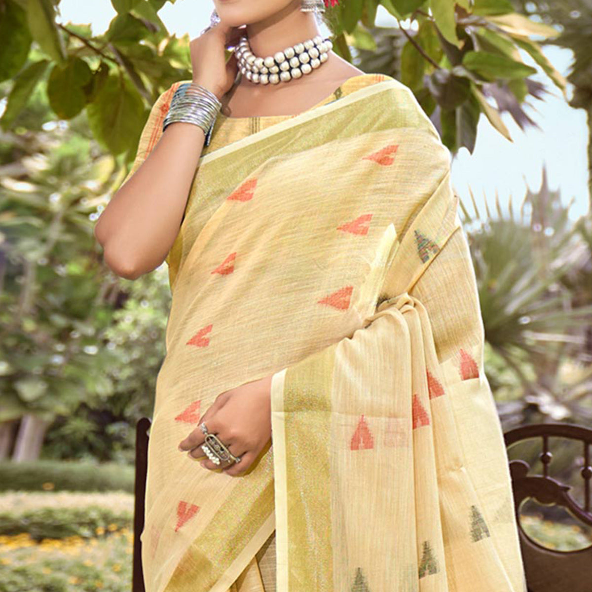 Light Yellow Woven Cotton Blend Saree