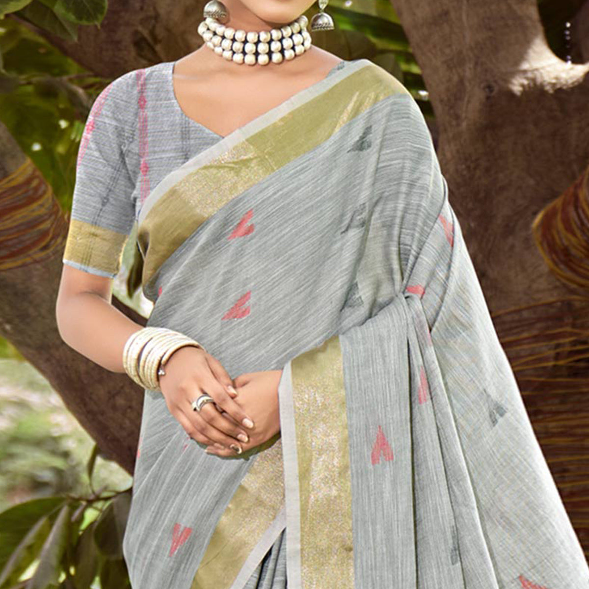 Grey Woven Cotton Blend Saree