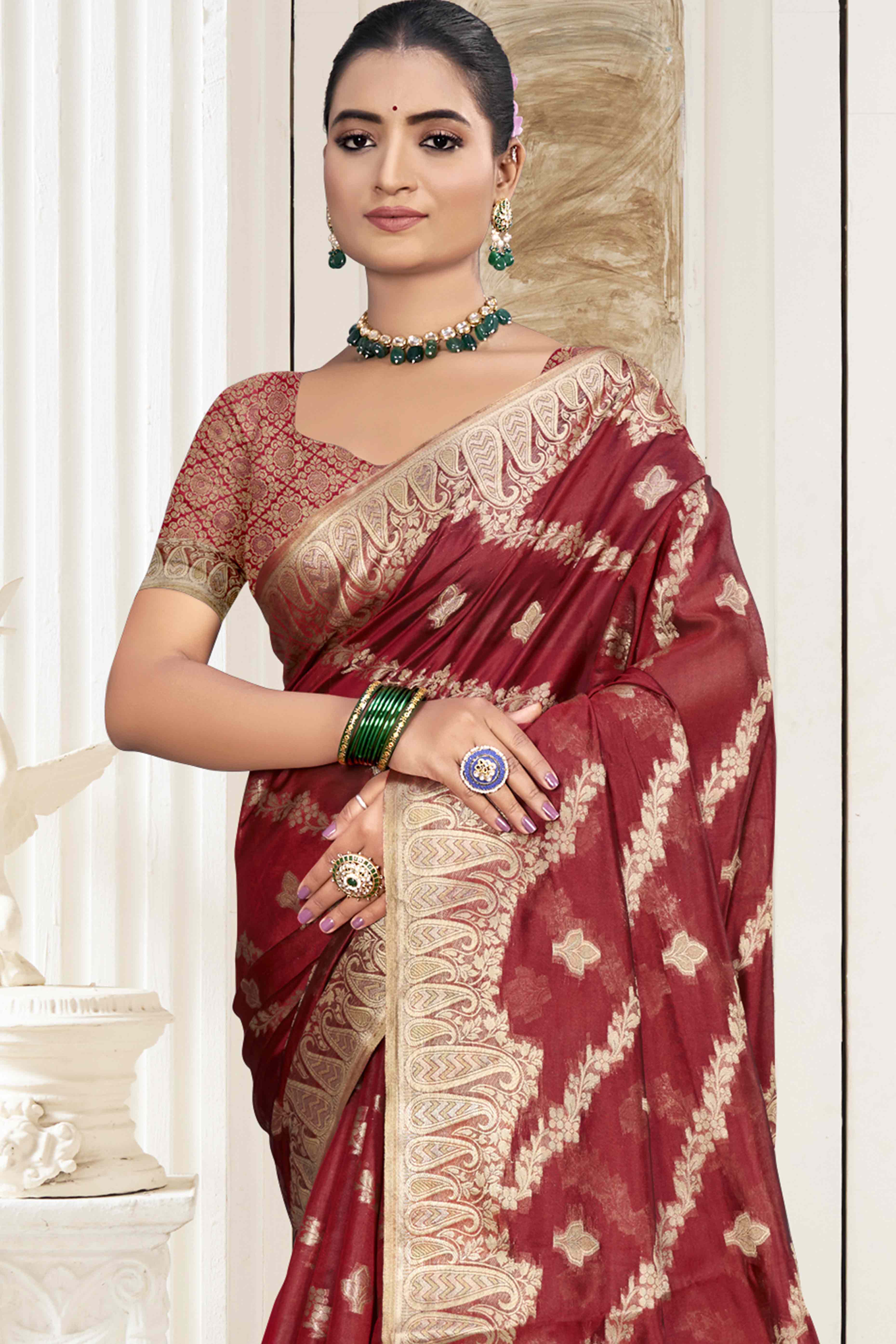 Maroon Floral With Paisley Pattern Zari Woven Organza Saree