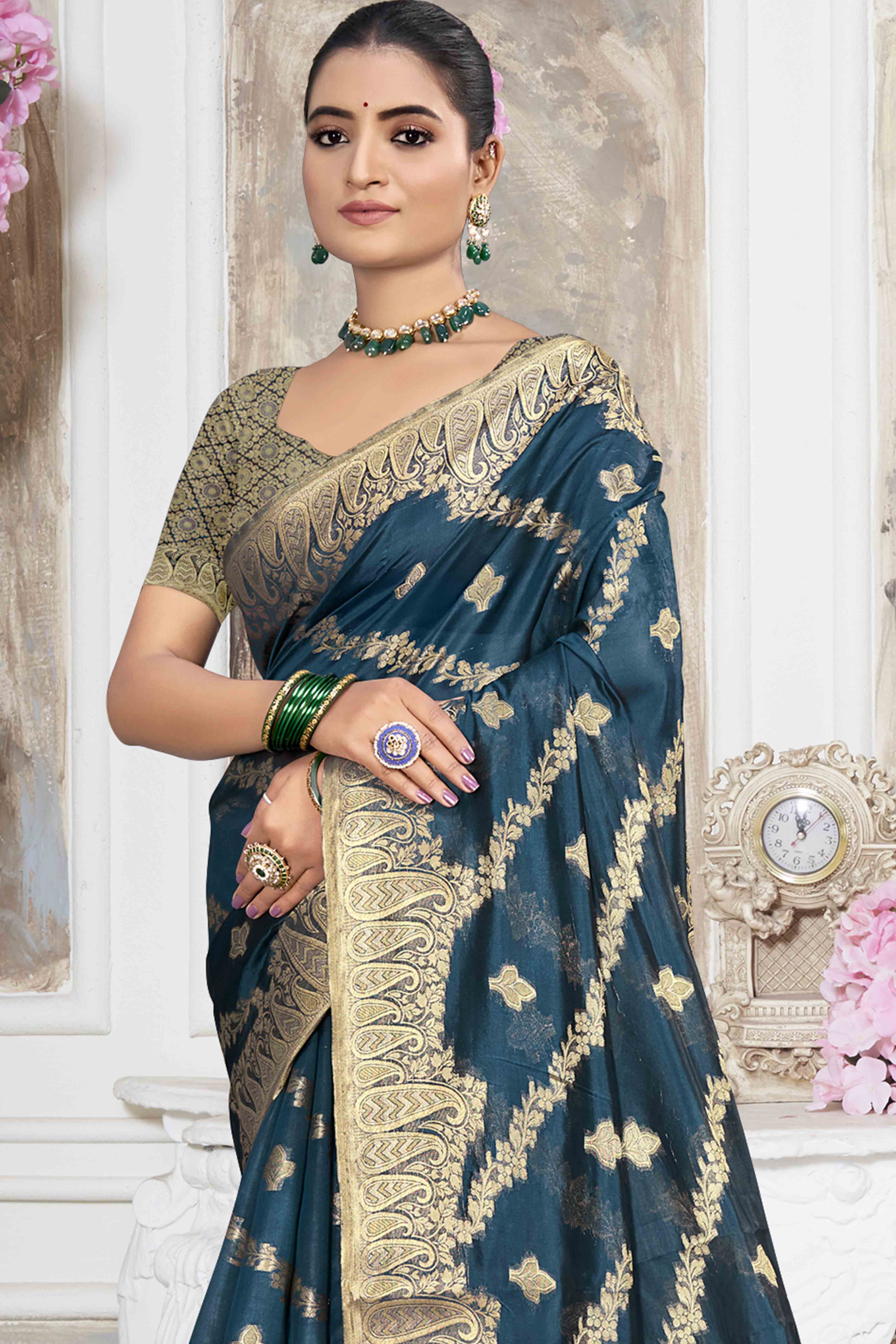 Blue Floral With Paisley Pattern Zari Woven Organza Saree