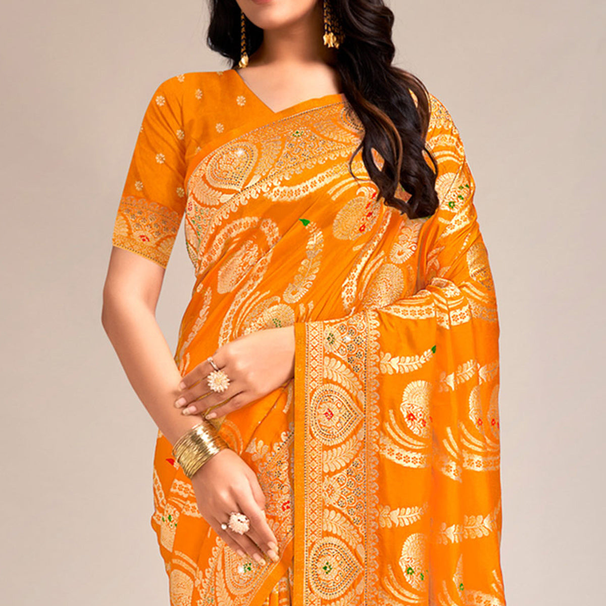 Mustard Woven Banarasi Silk Saree With Tassels