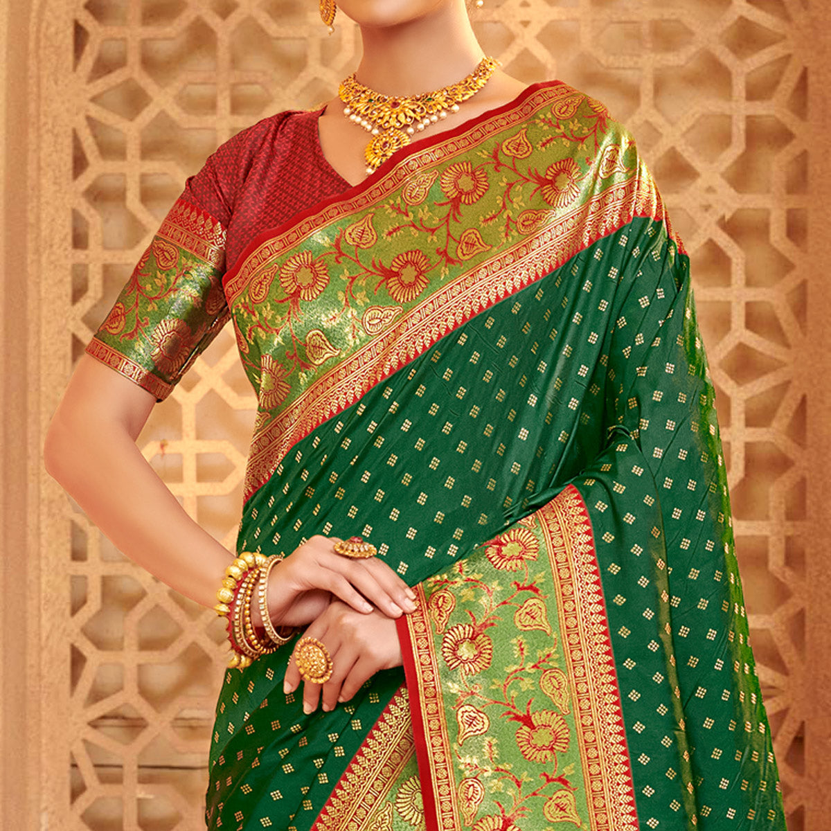 Green Floral Woven Banarasi Silk Saree With Tassels