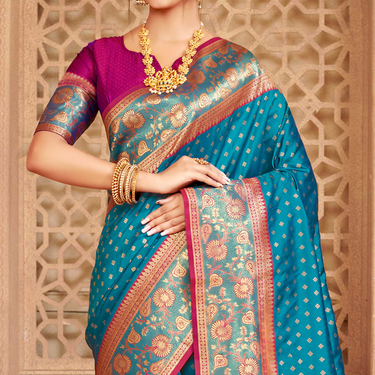 Blue Floral Woven Banarasi Silk Saree With Tassels