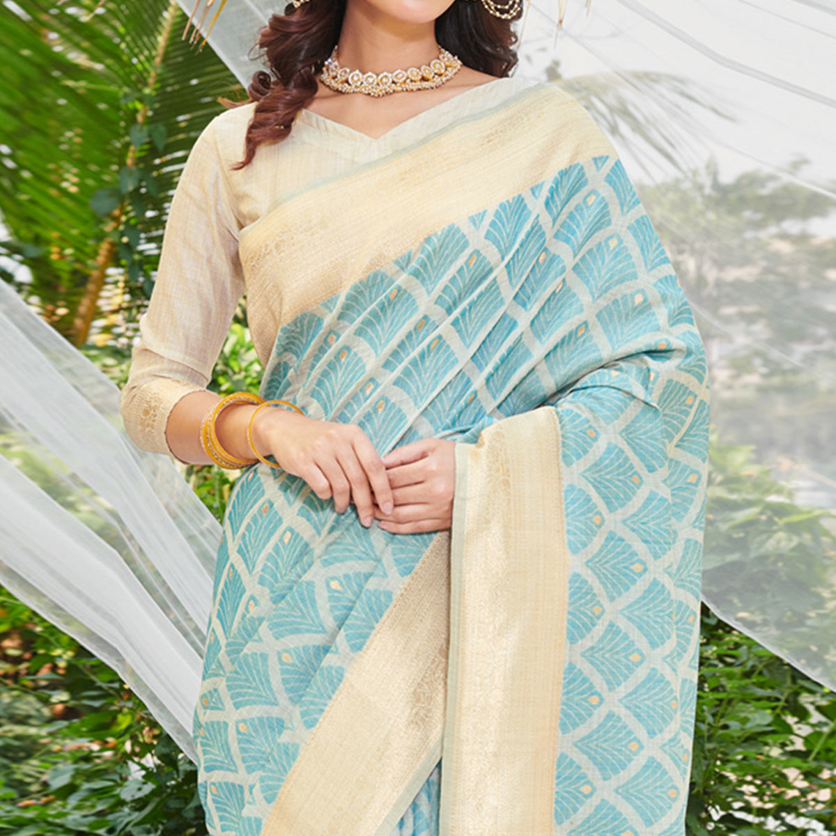 Sky Blue Woven Cotton Silk Saree With Tassels