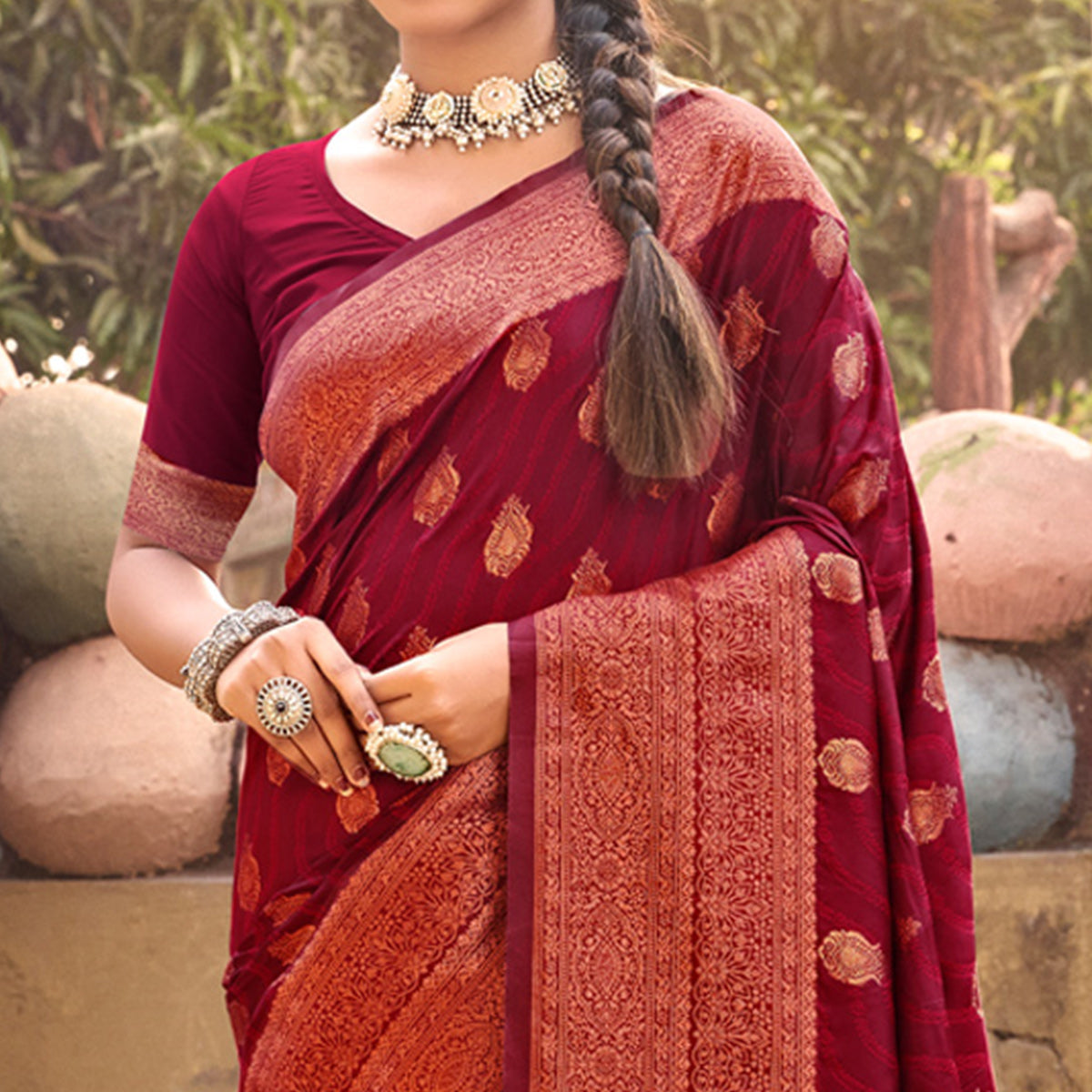 Maroon Floral Woven Banarasi Silk Saree With Tassels