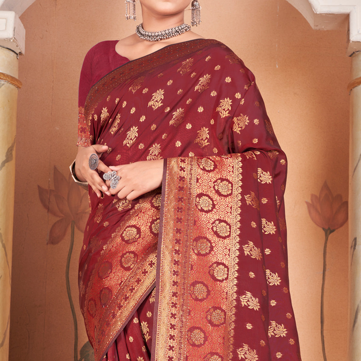 Maroon Floral Woven Banarasi Silk Saree With Tassels