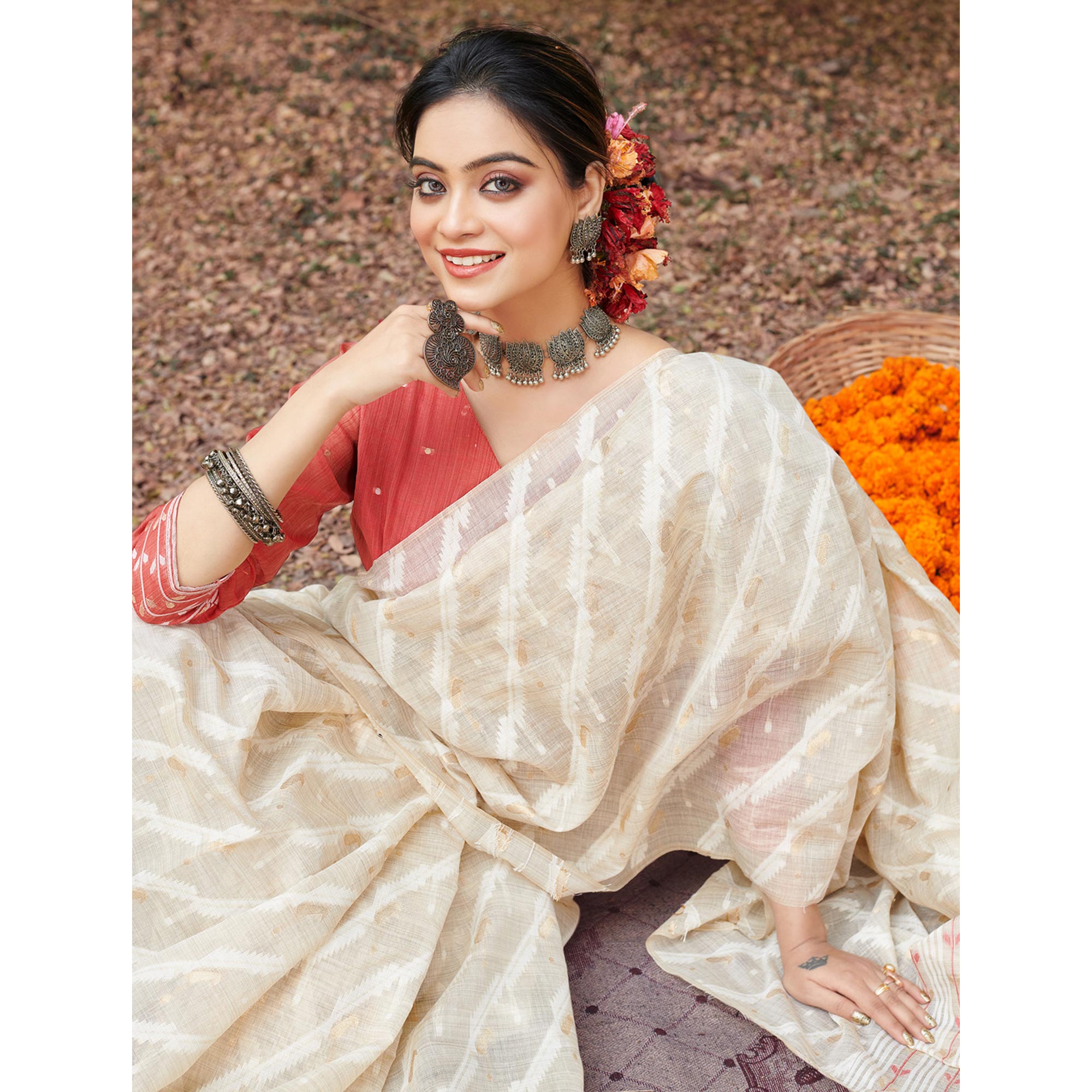 Off White & Red Woven Cotton Silk Saree With Tassels