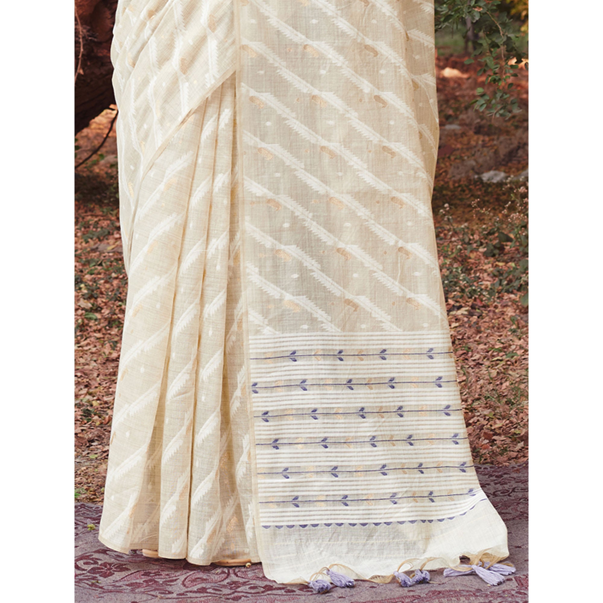 Off White & Blue Woven Cotton Silk Saree With Tassels