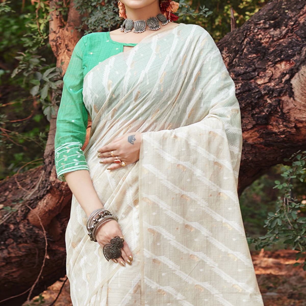 Off White & Pista Green Woven Cotton Silk Saree With Tassels