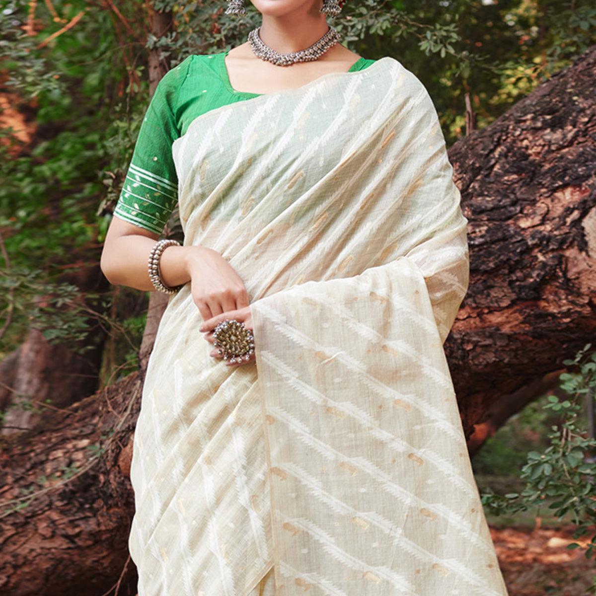 Off White & Green Woven Cotton Silk Saree With Tassels