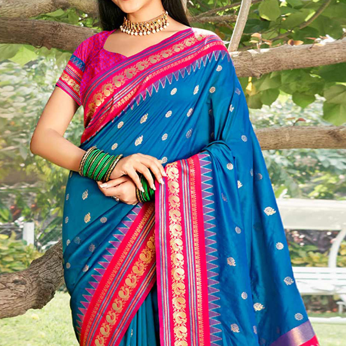 Blue Woven Paithani Banarasi Silk Saree With Tassels