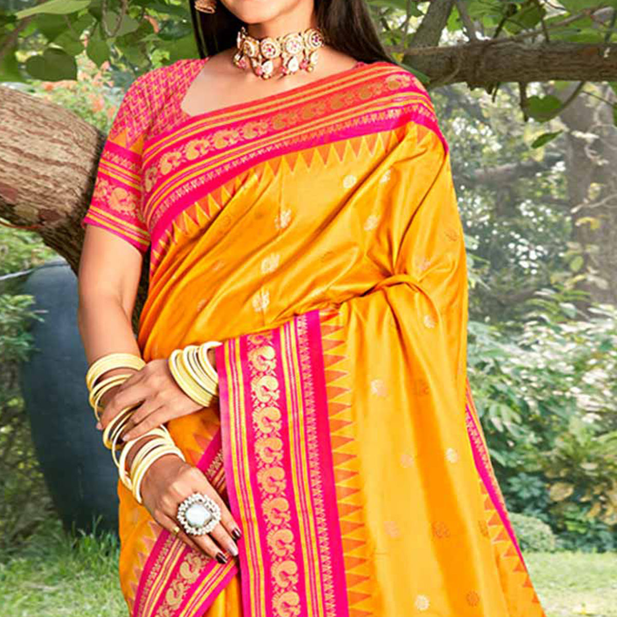 Yellow Woven Paithani Banarasi Silk Saree With Tassels