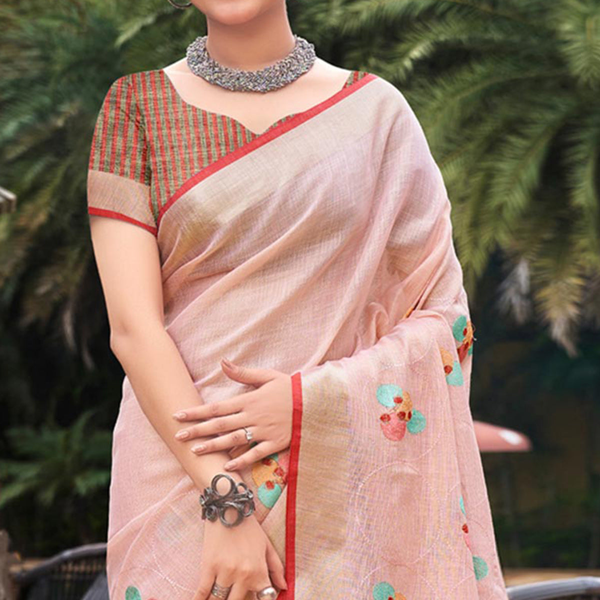 Pink Floral Embroidered Linen Saree With Tassels