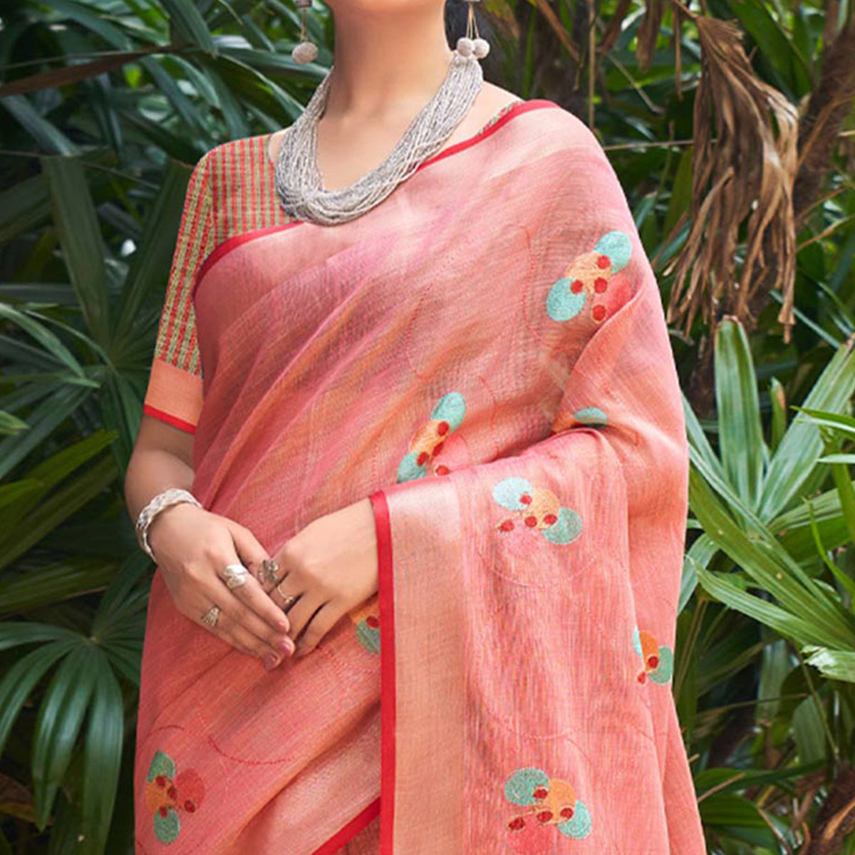 Peach Floral Embroidered Linen Saree With Tassels