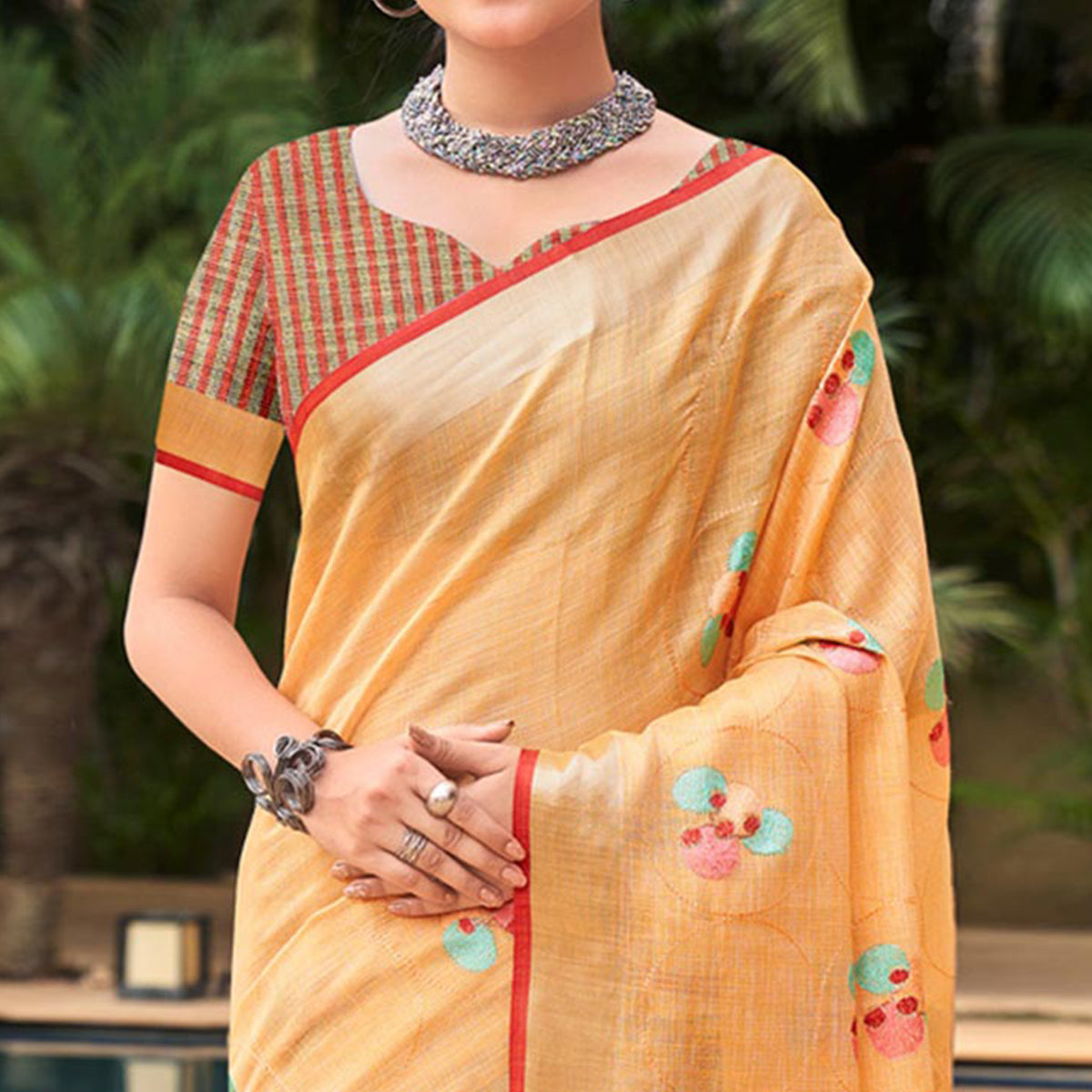 Orange Floral Embroidered Linen Saree With Tassels