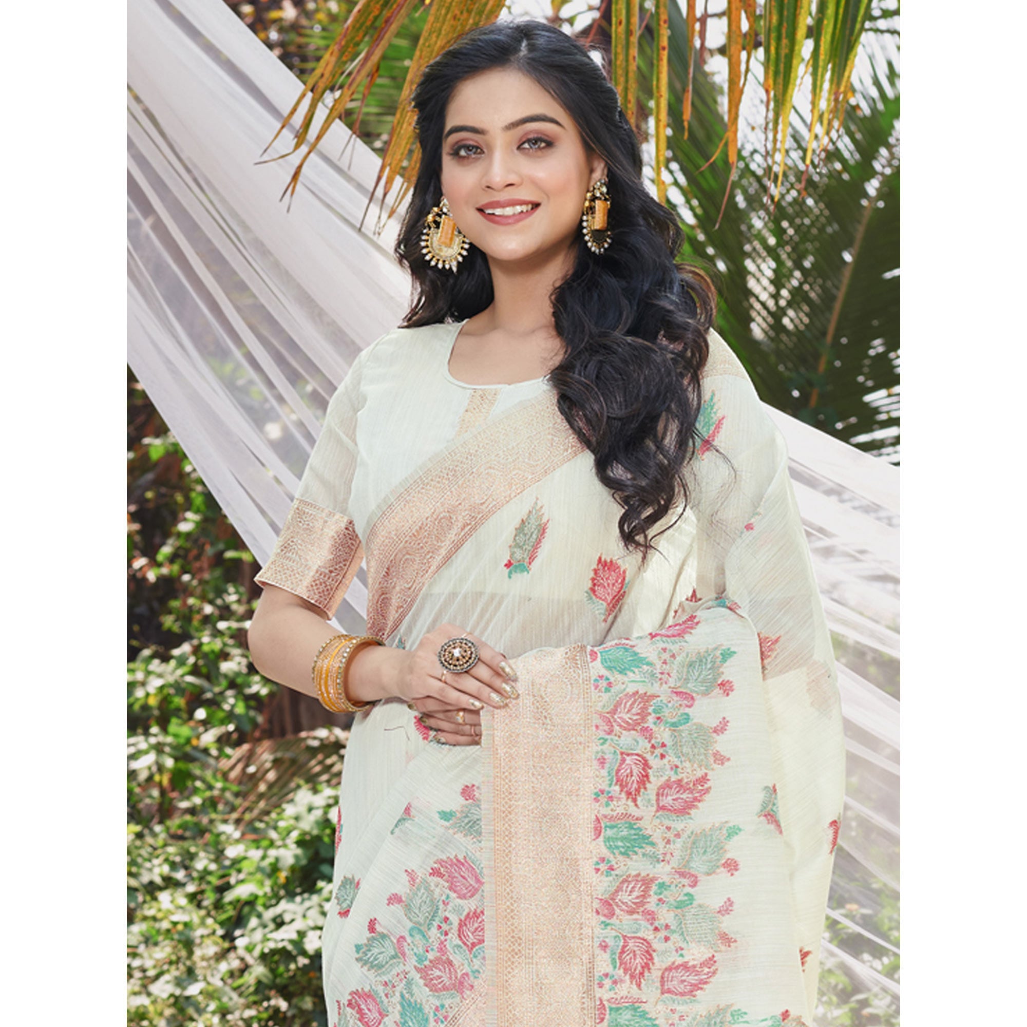Off White Floral Woven Cotton Silk Saree With Tassels
