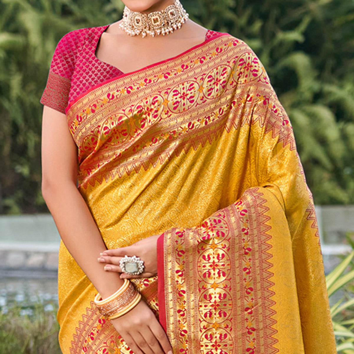 Mustard Woven Kanjivaram Silk Saree With Tassels