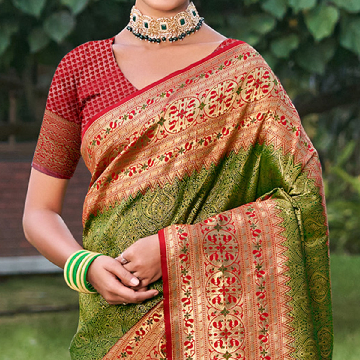 Green Woven Kanjivaram Silk Saree With Tassels