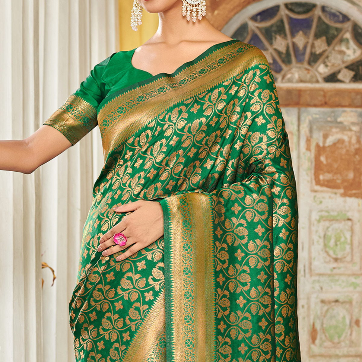 Green Floral Woven Banarasi Silk Saree With Tassels