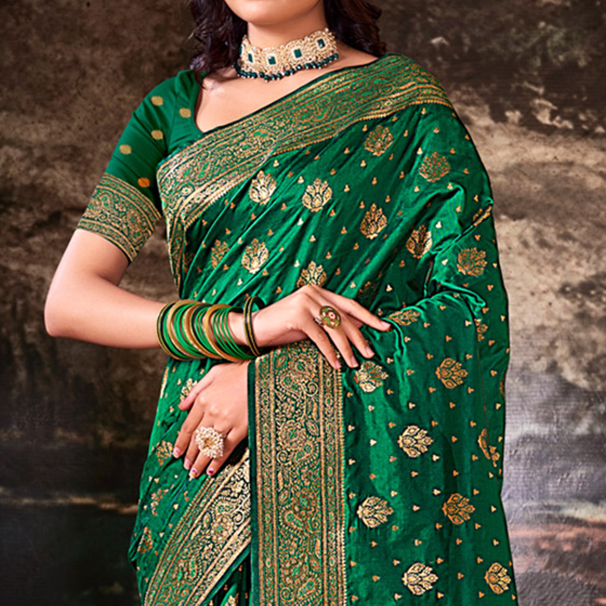 Green Floral Woven Banarasi Silk Saree With Tassels