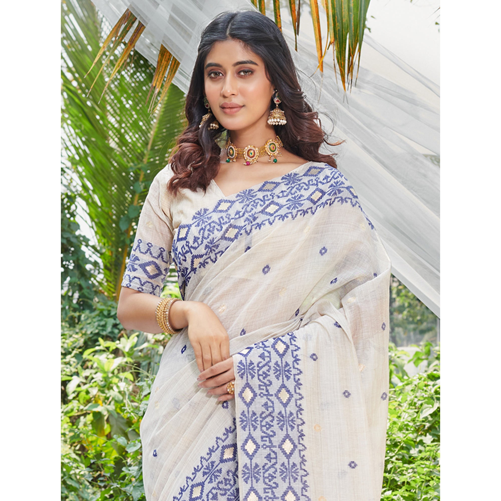 Off White & Blue Woven Cotton Silk Saree With Tassels