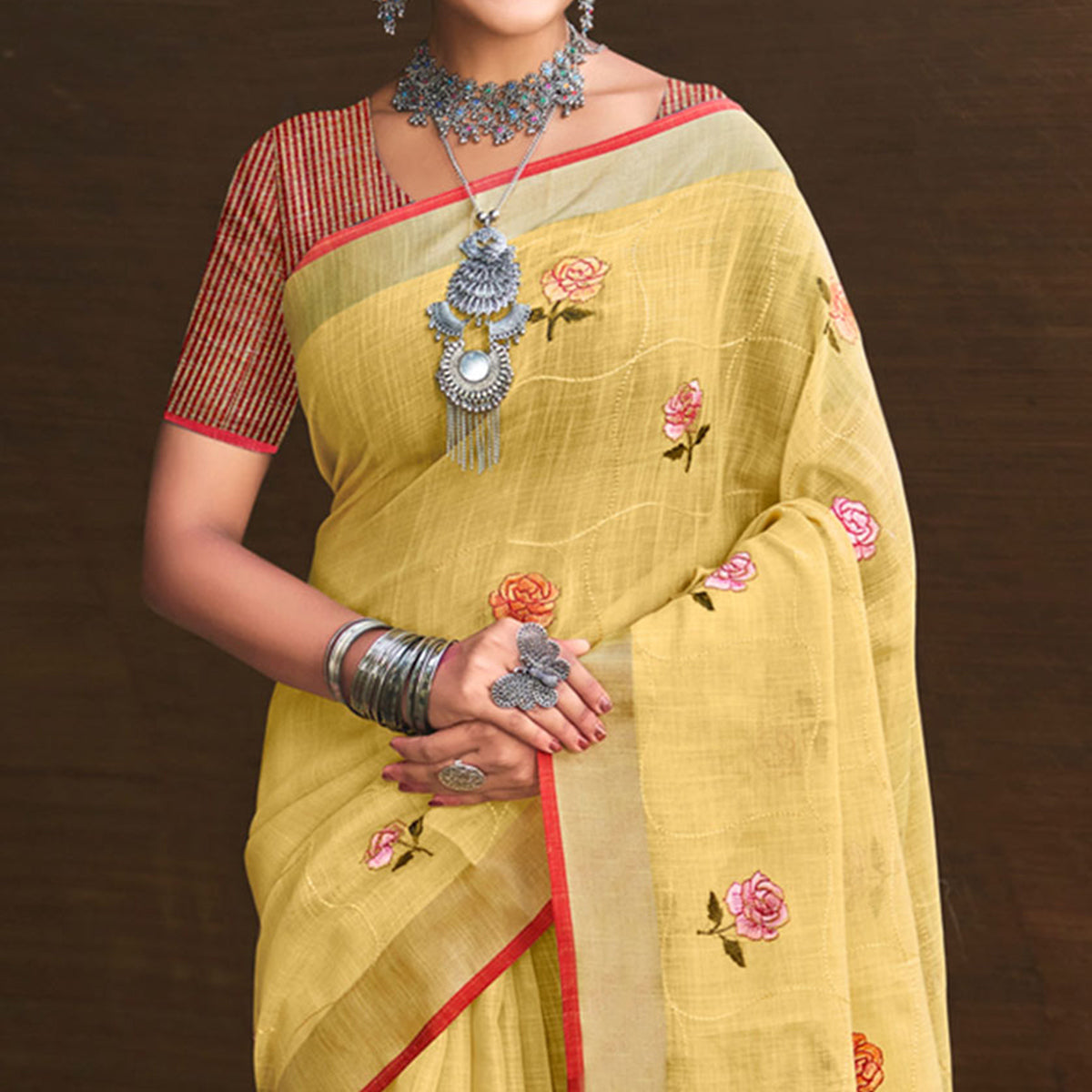 Yellow Floral Embroidered Linen Saree With Tassels