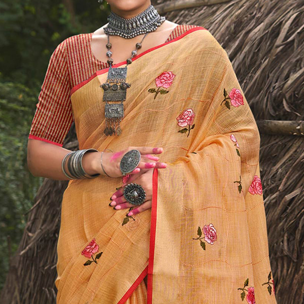 Orange Floral Embroidered Linen Saree With Tassels