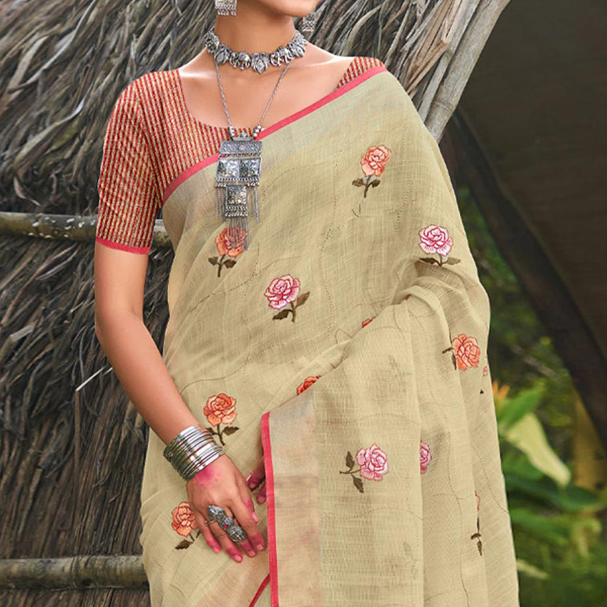 Beige Floral Embroidered Linen Saree With Tassels