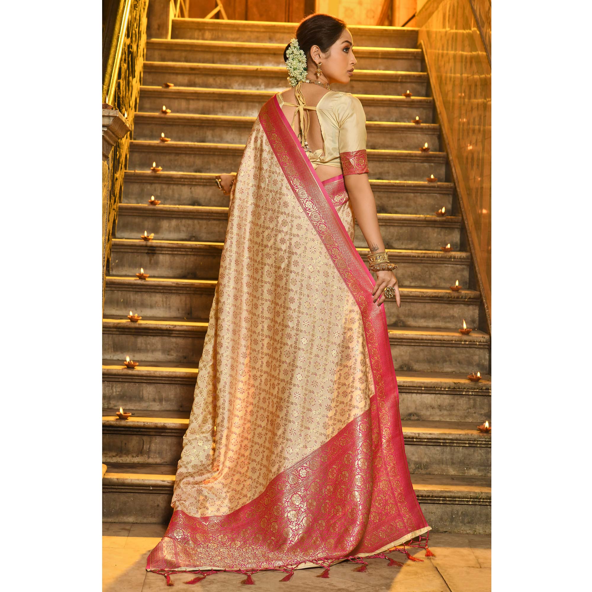 Cream & Pink Floral Woven Banarasi Silk Saree With Tassels