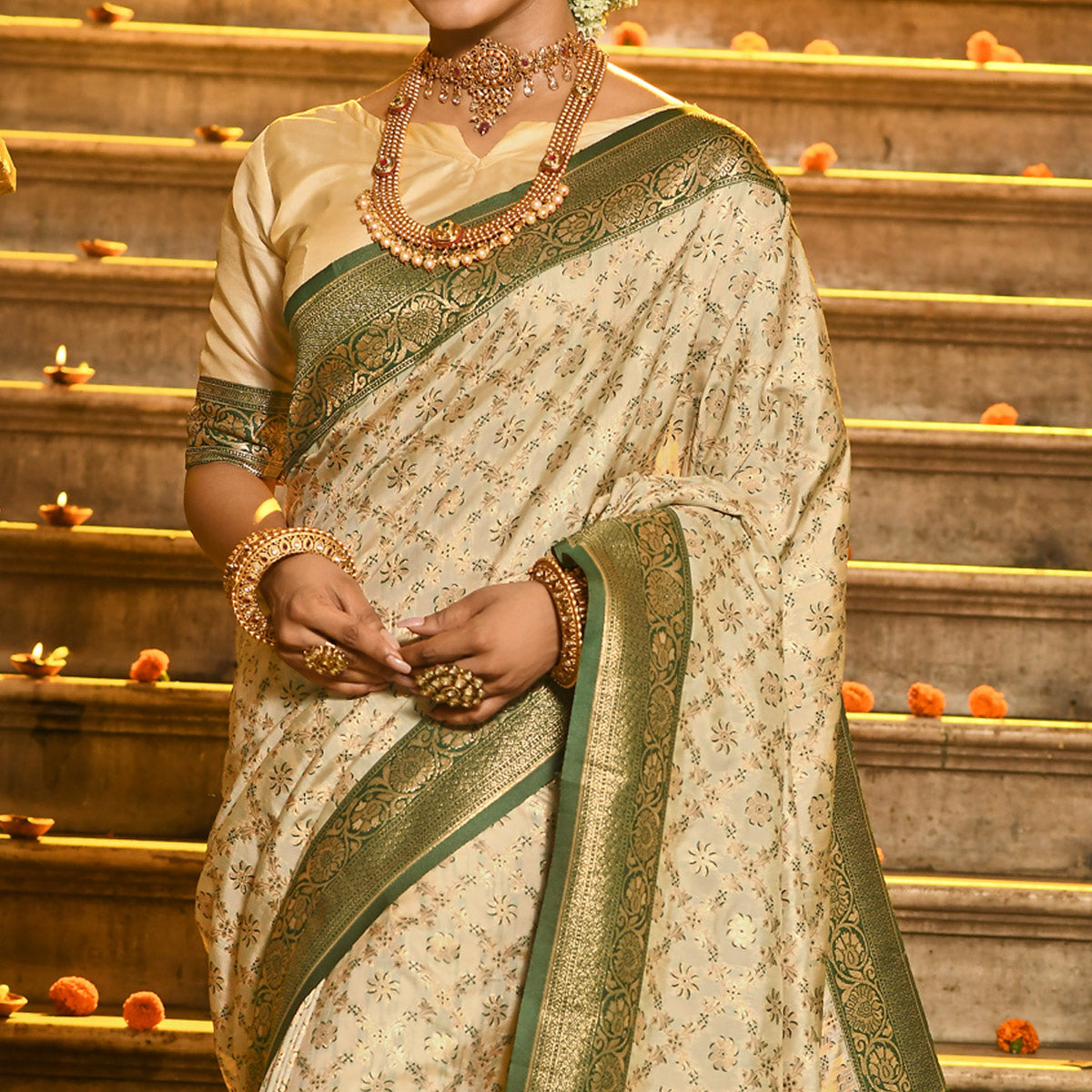 Cream & Green Floral Woven Banarasi Silk Saree With Tassels