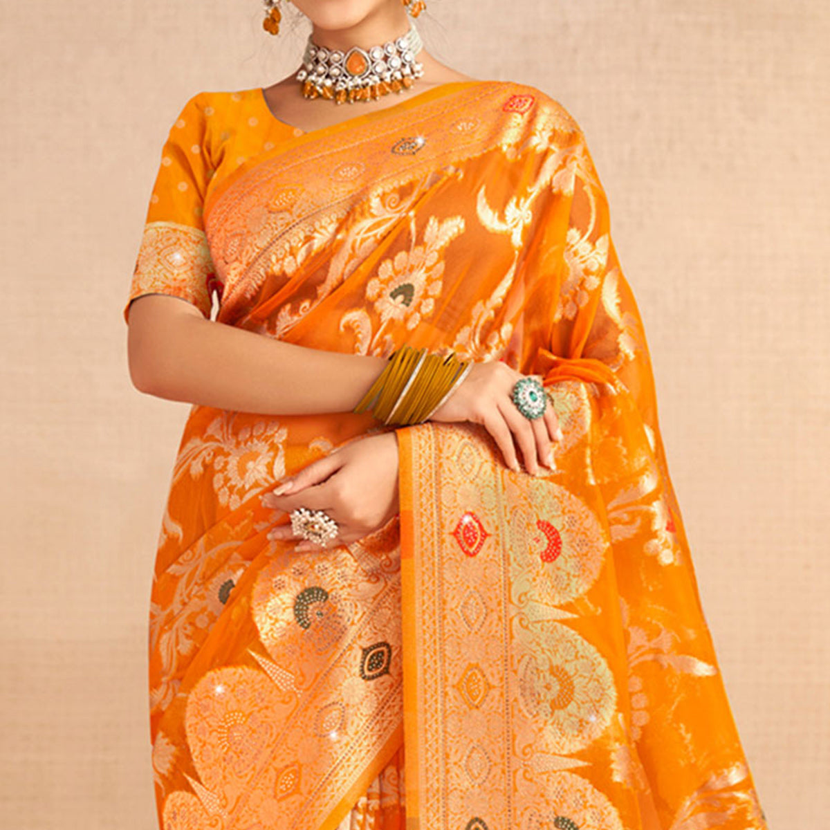 Mustard Woven Organza Saree With Tassels