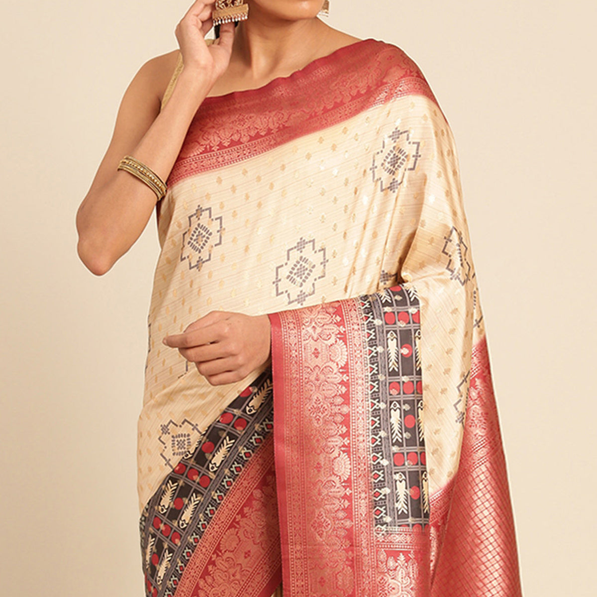 Cream Woven Banarasi Silk Saree With Tassels