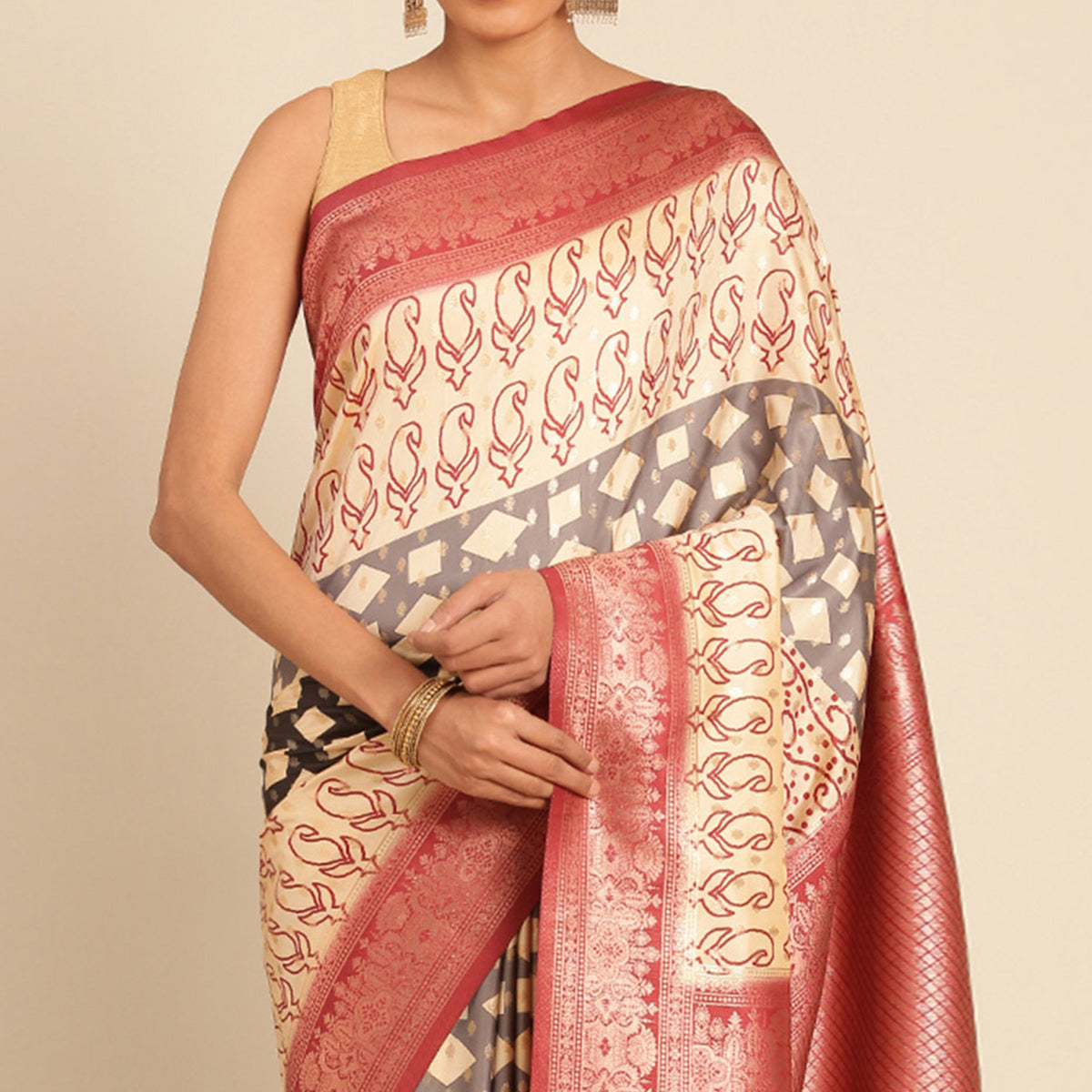 Cream Woven Banarasi Silk Saree With Tassels