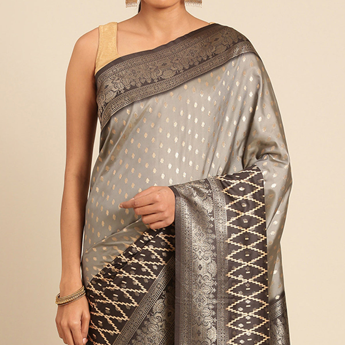 Grey Woven Banarasi Silk Saree With Tassels