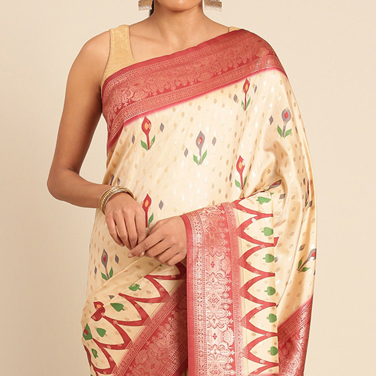 Cream Woven Banarasi Silk Saree With Tassels