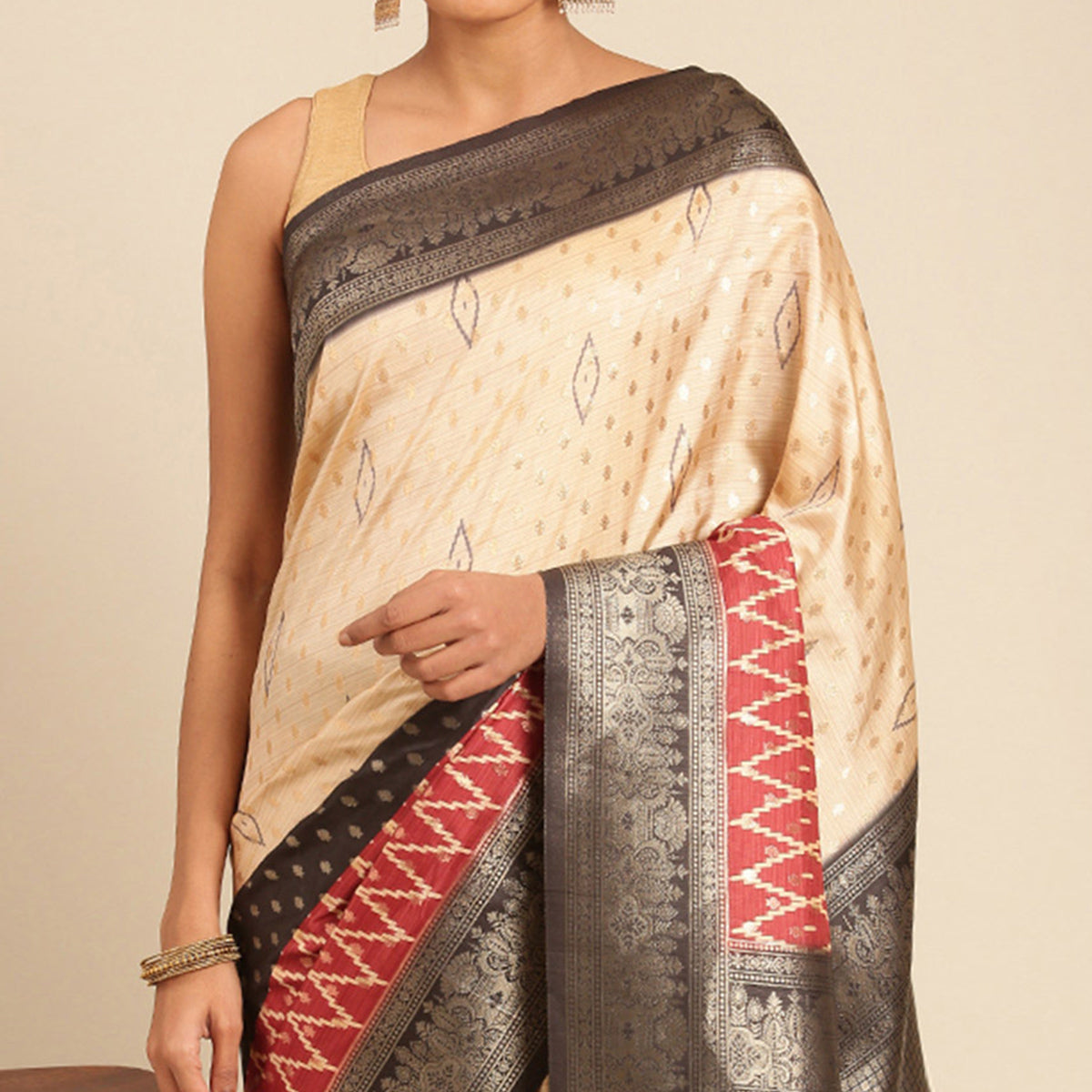 Cream Woven Banarasi Silk Saree With Tassels