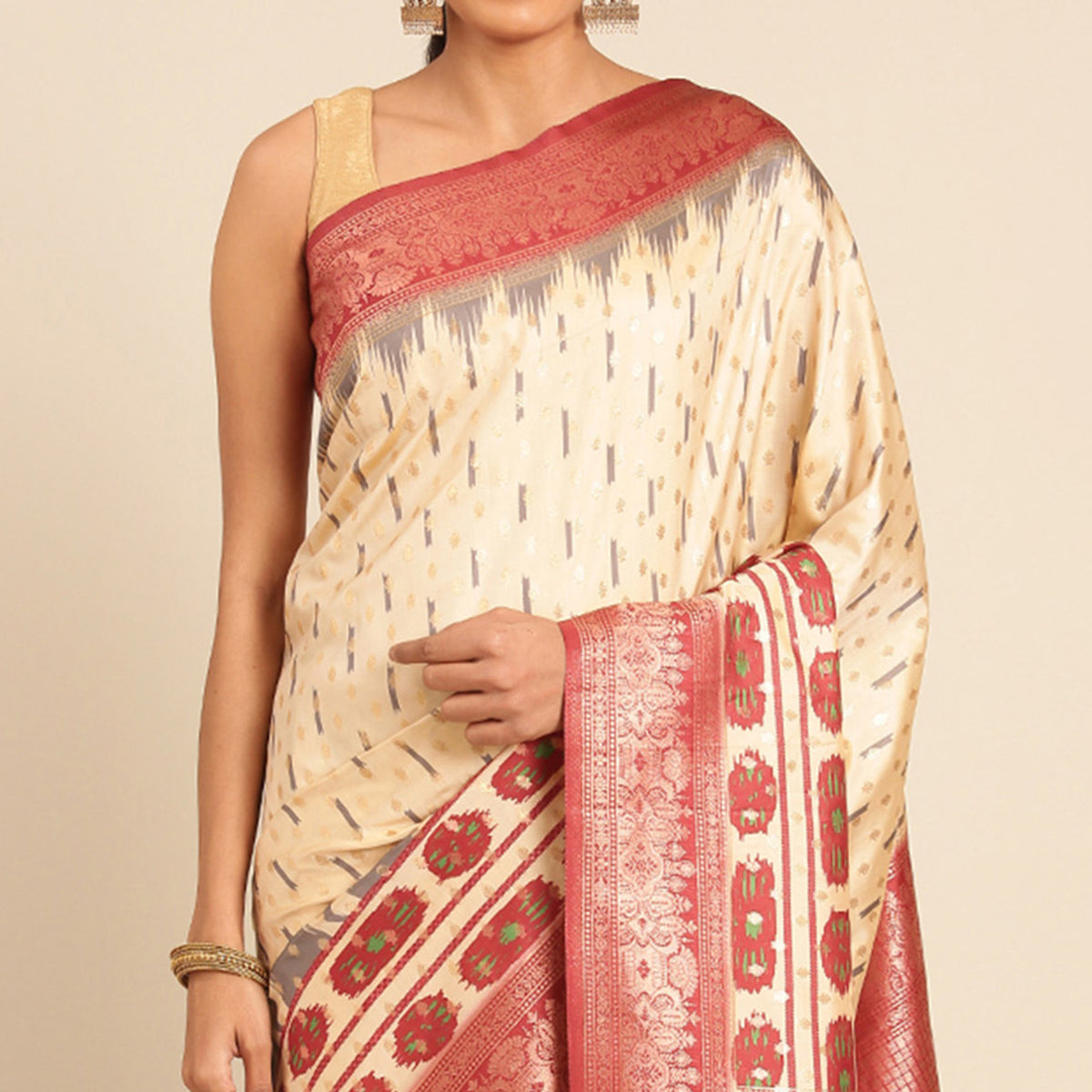 Cream Woven Banarasi Silk Saree With Tassels