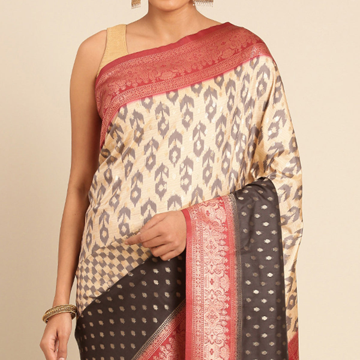 Cream Woven Banarasi Silk Saree With Tassels