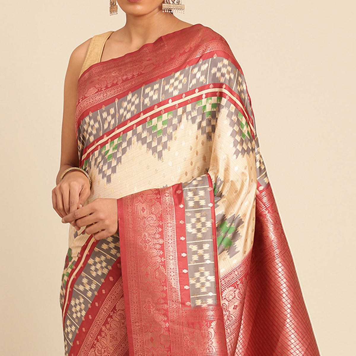 Cream Woven Banarasi Silk Saree With Tassels