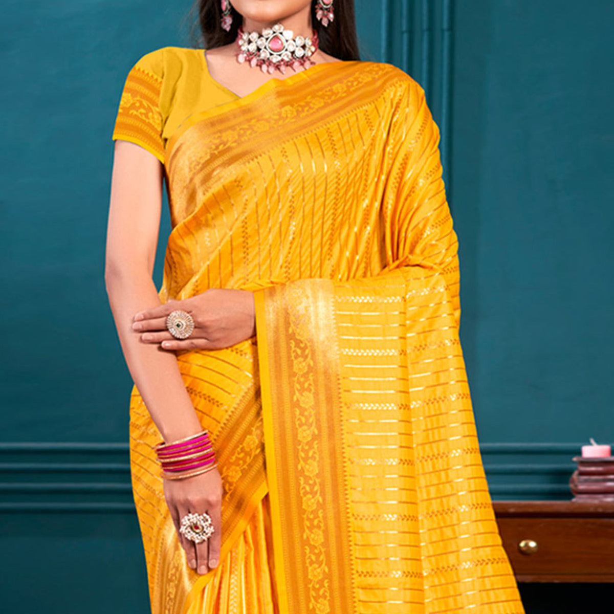 Mustard Woven Paithani Raw Silk Saree With Tassels