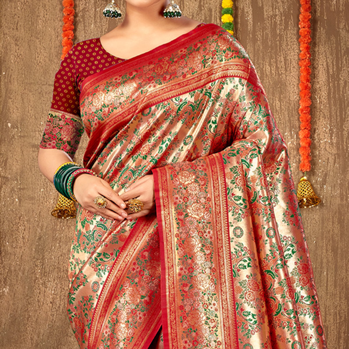 Maroon Floral Woven Banarasi Silk Saree