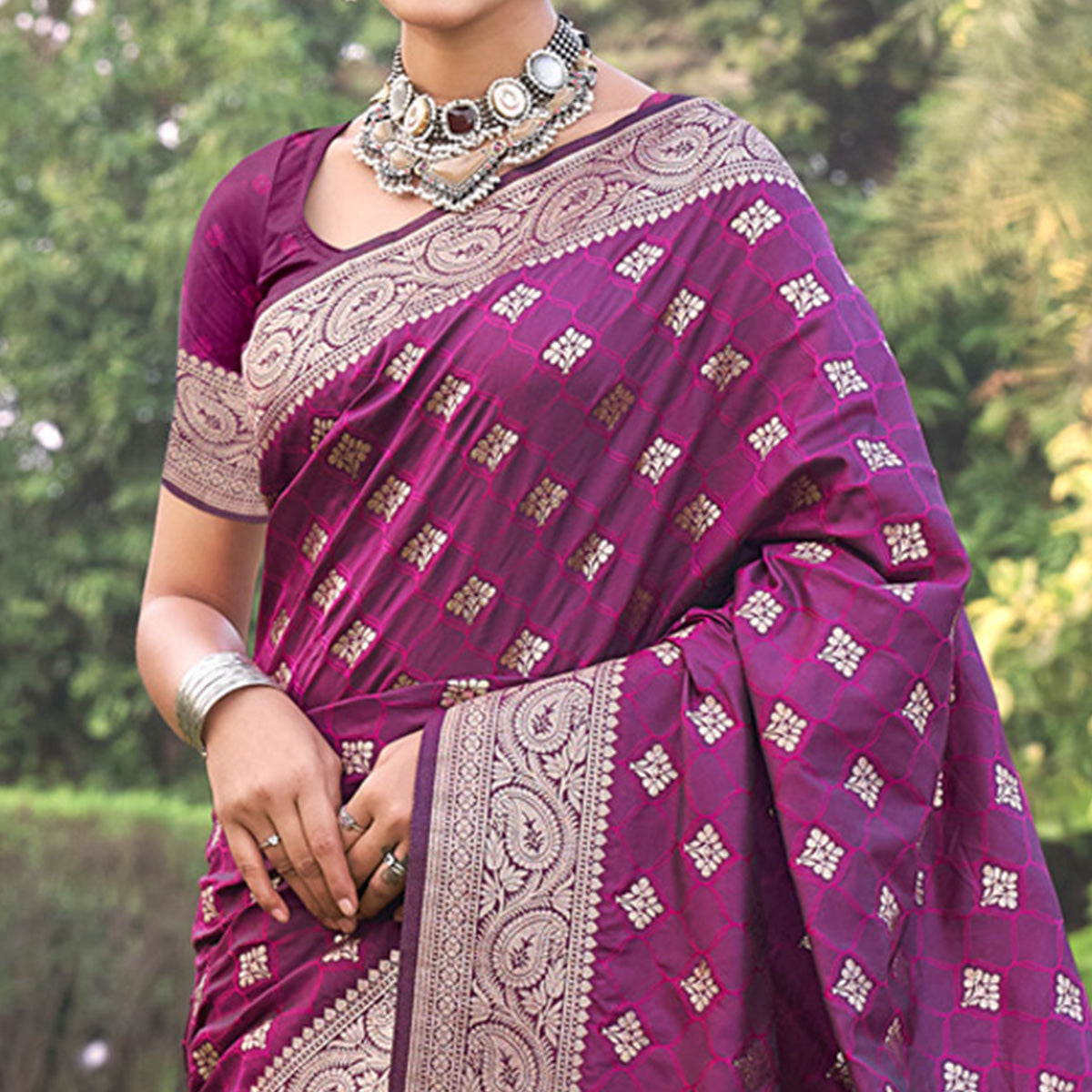 Purple Floral Woven Kanjivaram Silk Saree With Tassels