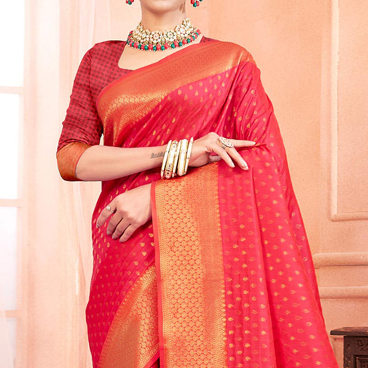 Pink Woven Banarasi Silk Saree With Tassels