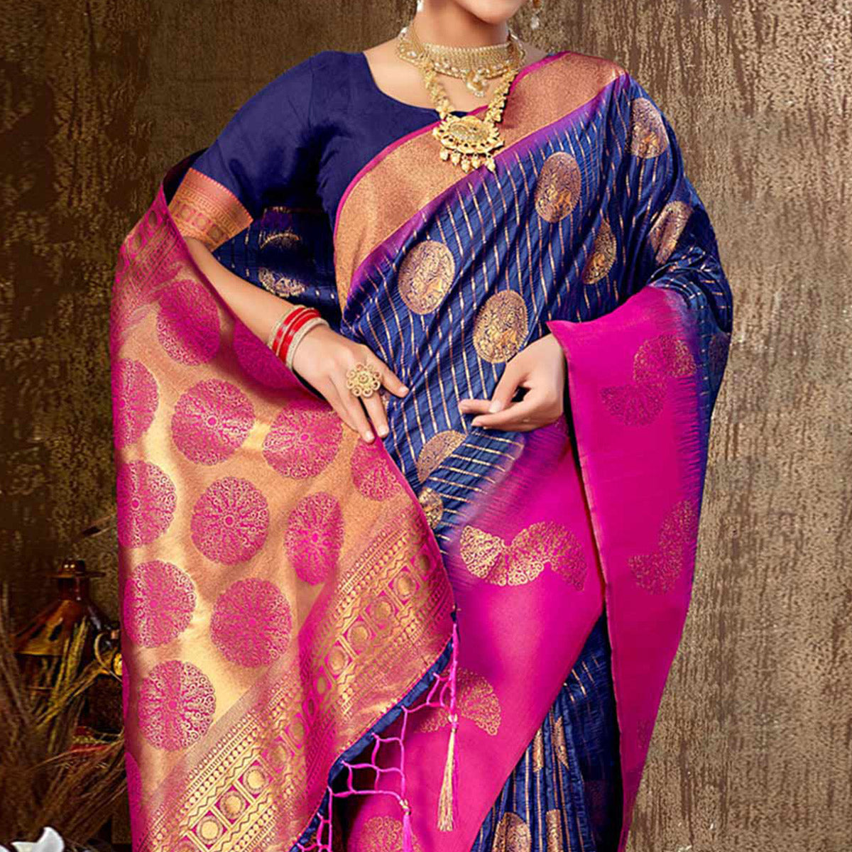 Blue Woven Banarasi Silk Saree With Tassels