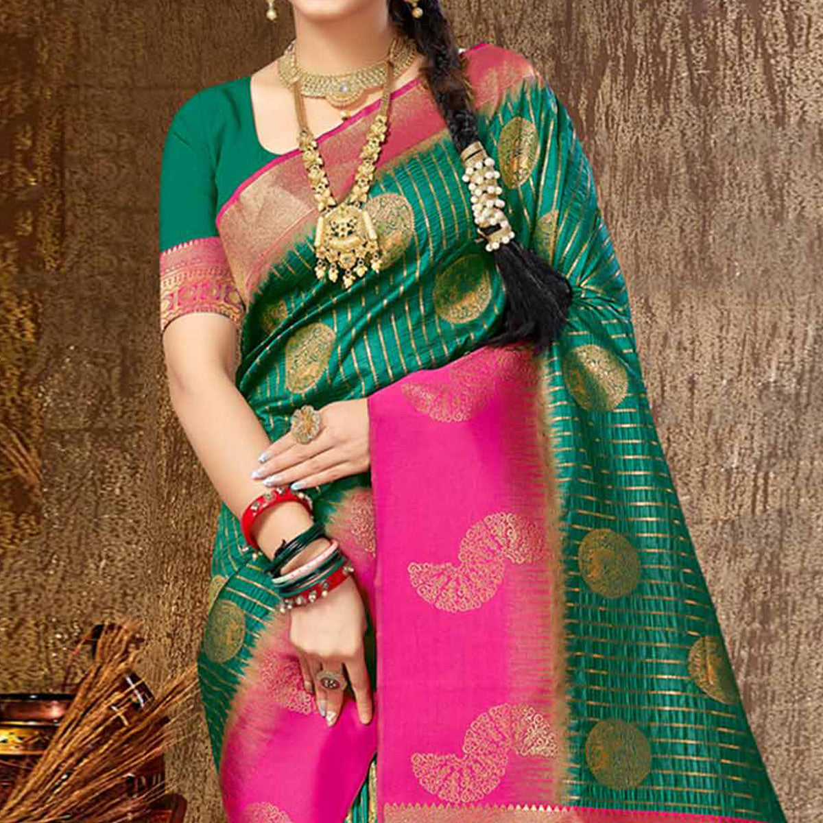 Green Woven Banarasi Silk Saree With Tassels