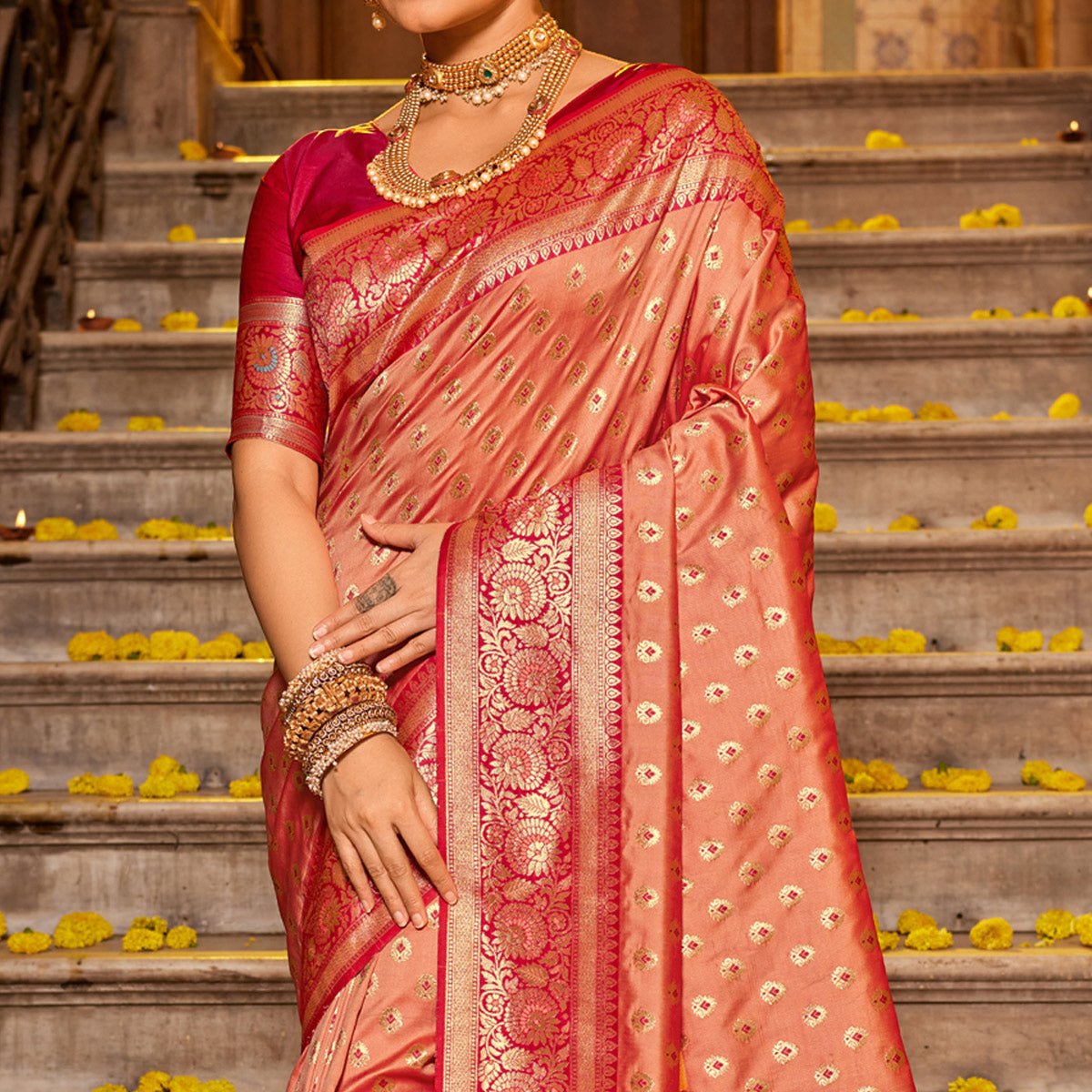 Peach Woven Banarasi Silk Saree With Tassels