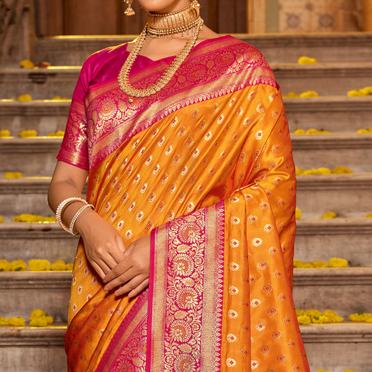 Yellow Woven Banarasi Silk Saree With Tassels