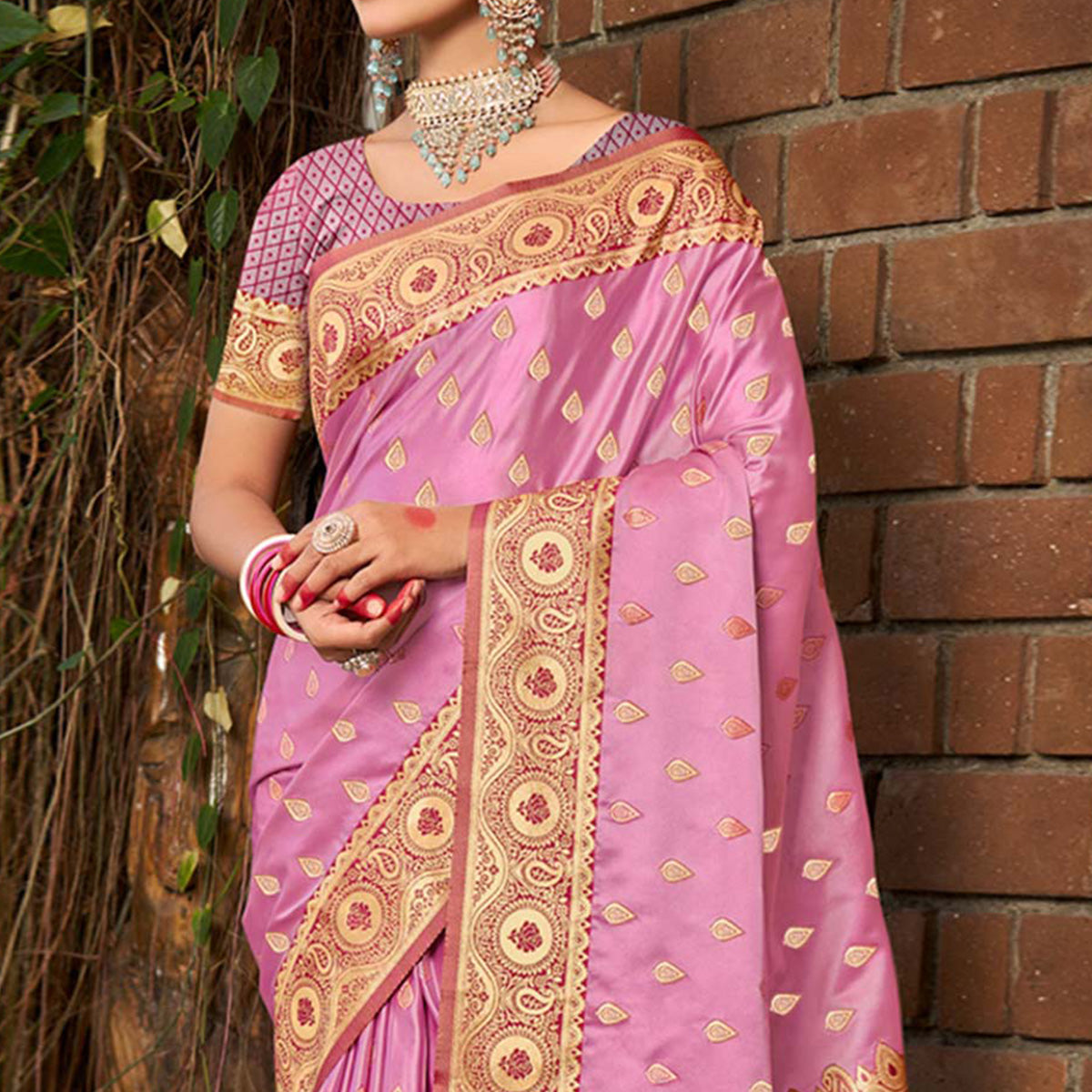 Light Pink Woven Satin Silk Saree With Tassels