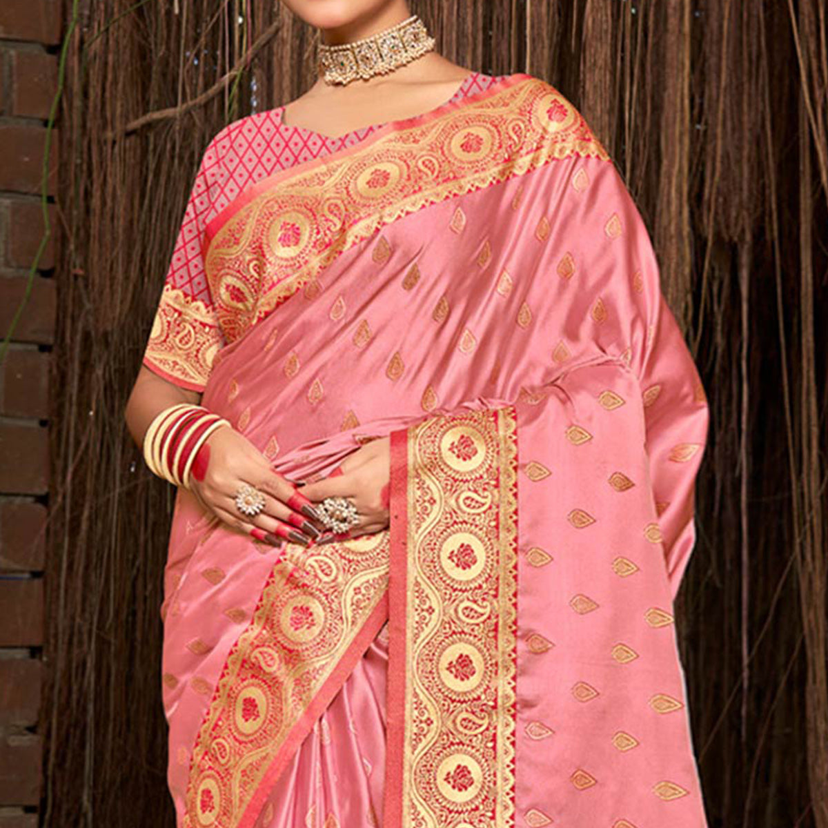Pink Woven Satin Silk Saree With Tassels